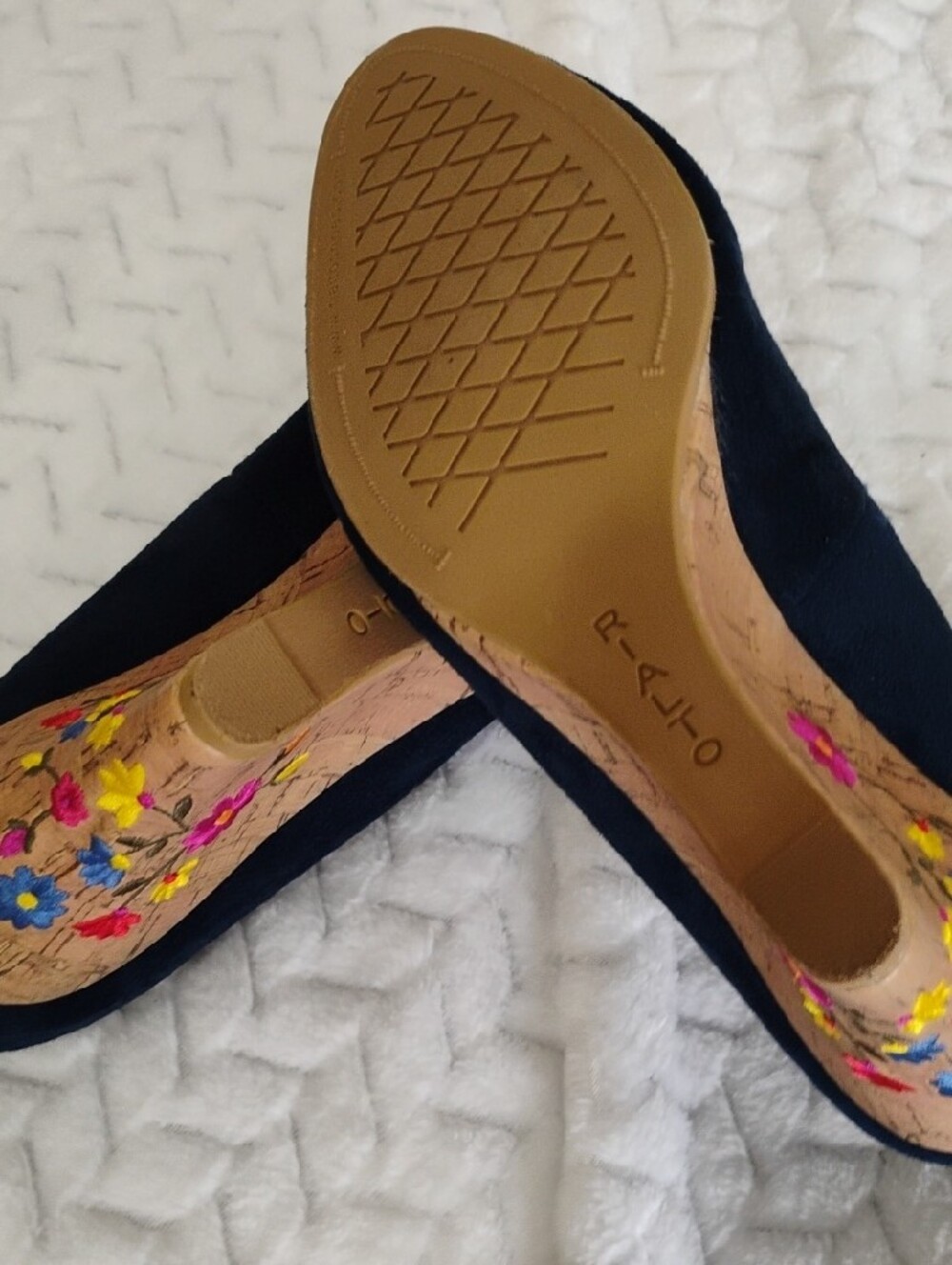Rialto Navy Suede Wedge Heels with Floral Cork Wedge - Picture 6 of 6